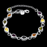 Silver bracelet with teardrop-shaped gemstones on a black background