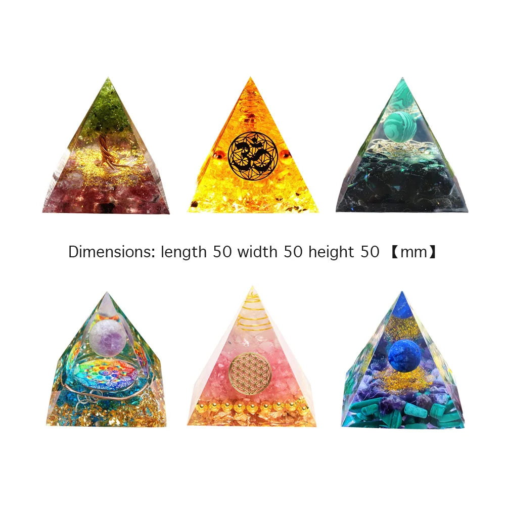 Set of six triangular pyramids with various designs and colors on a white background.