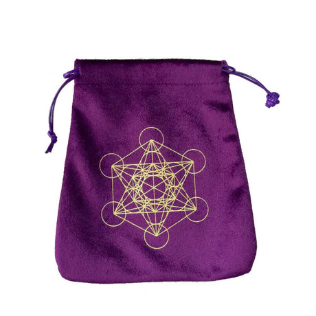 Purple drawstring bag with a gold geometric design on a white background