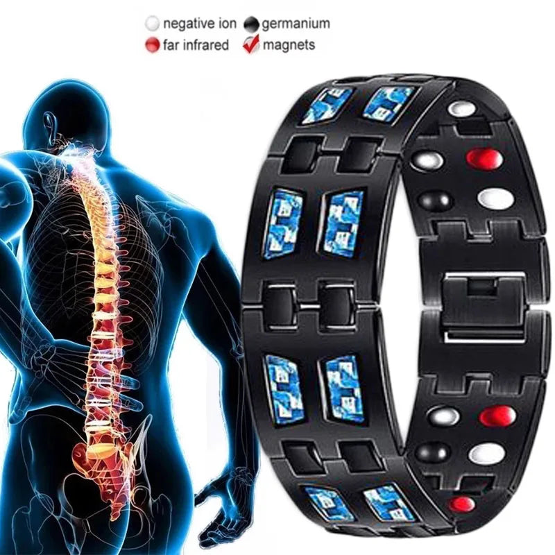 Black metal bracelet with colored stones next to a human skeleton highlighting the spine