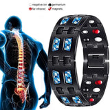 Black metal bracelet with colored stones next to a human skeleton highlighting the spine