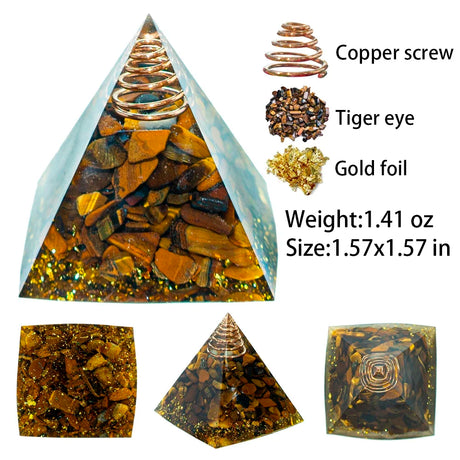 Pyramid-shaped orgone energy generator with tiger eye stones, copper screw, and gold foil on a white background.
