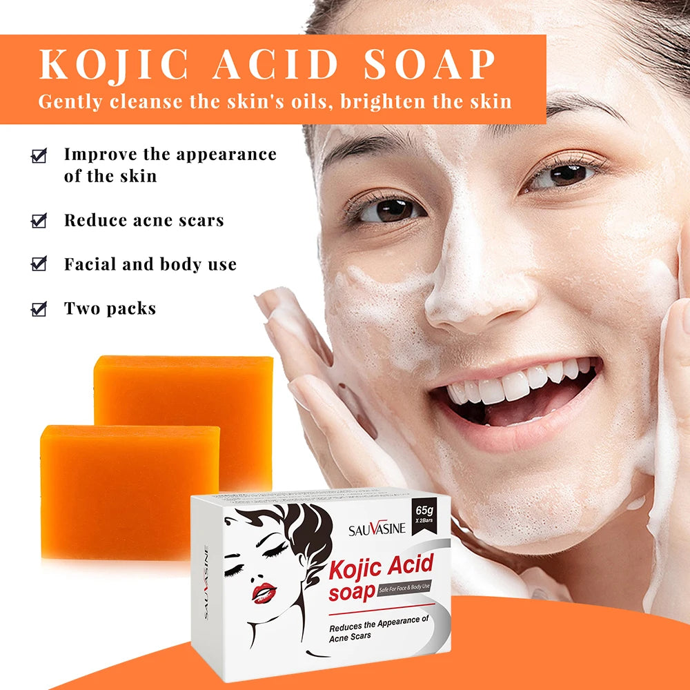 Kojic Acid Soap packaging with a woman applying soap to her face, featuring the product's benefits.
