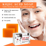 Kojic Acid Soap packaging with a woman applying soap to her face, featuring the product's benefits.