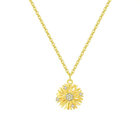 Gold sunflower pendant necklace on a white background