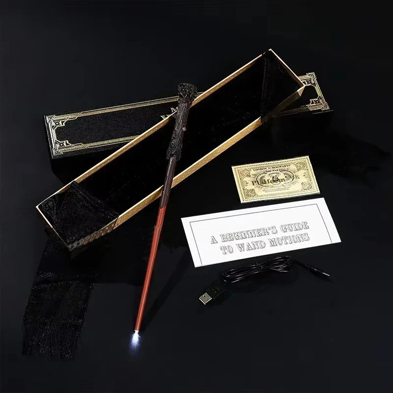 Wand with glowing tip, instruction manual, and money on a black background
