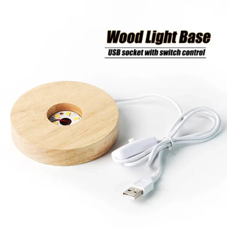 Wooden light base with USB socket and switch control on a white background