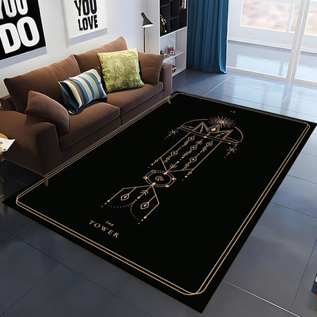 Black rug with gold design and text in a living room setting
