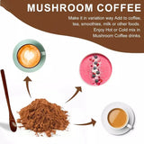 Mushroom coffee powder with examples of how to use it in drinks.