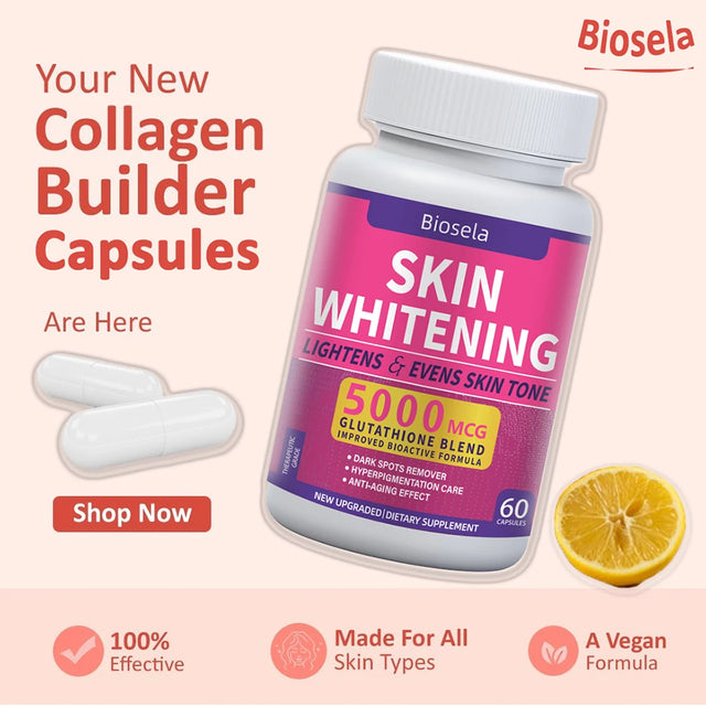 Collagen builder capsules with Biosela branding on a light pink background