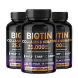 Three bottles of Biotin, Collagen & Keratin dietary supplements on a white background