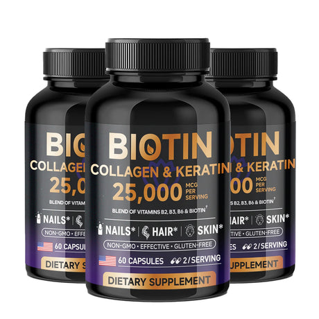 Three bottles of Biotin, Collagen & Keratin dietary supplements on a white background