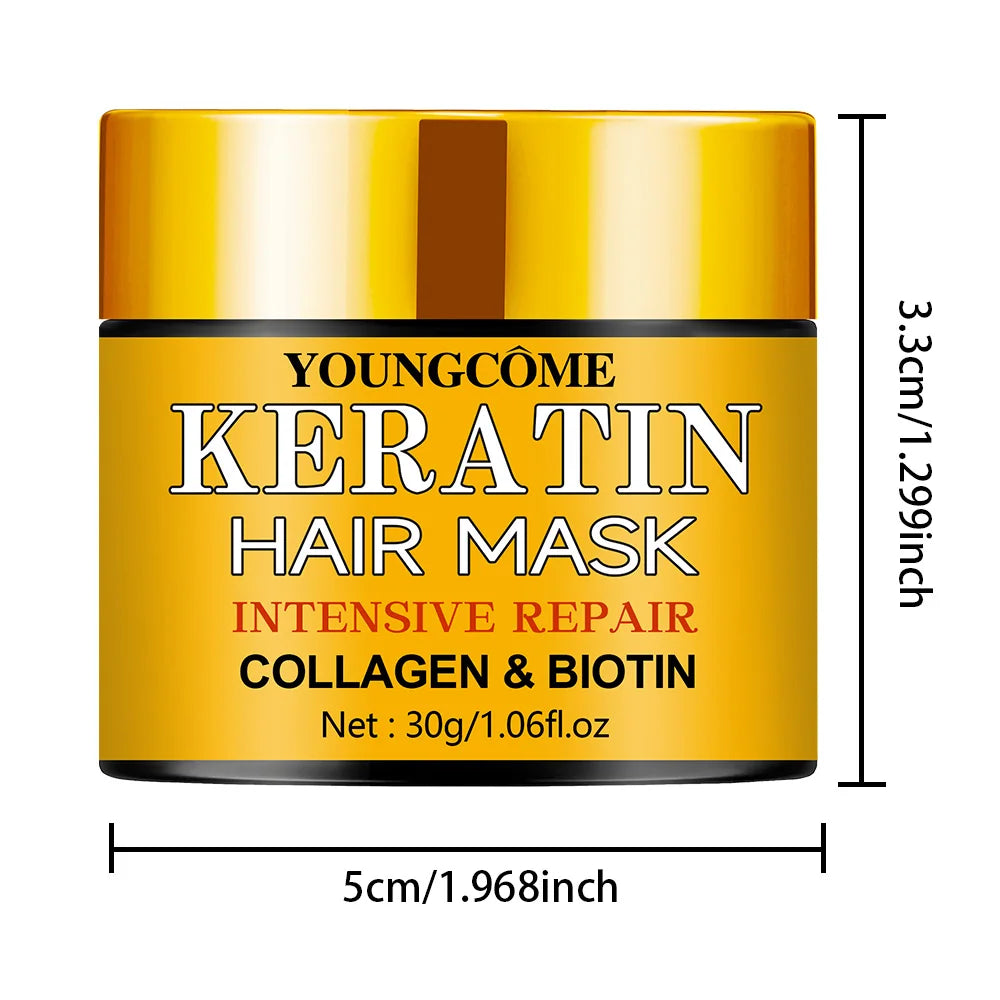 Yellow jar of Youngcome Keratin Hair Mask with dimensions on a white background