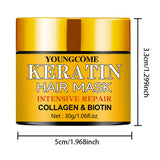 Yellow jar of Youngcome Keratin Hair Mask with dimensions on a white background