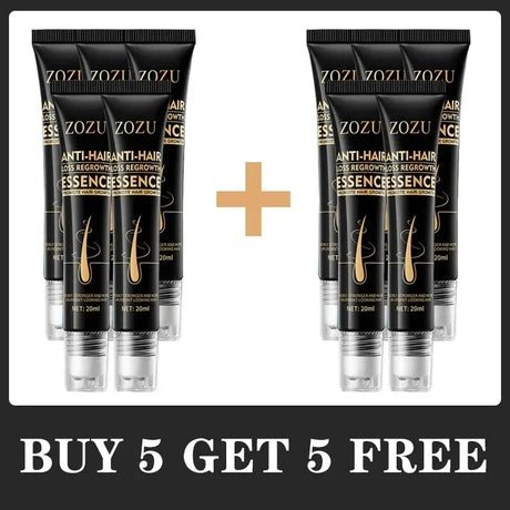ZOZU hair regrowth essence with promotional text 'Buy 5 Get 5 Free' on a black background