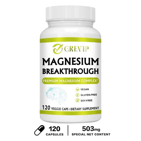 Supplement bottle labeled 'Magnesium Breakthrough' with Crevp branding on a white background