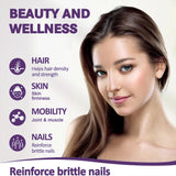 Woman with long brown hair and a focus on beauty and wellness benefits, including hair, skin, mobility, and nails.
