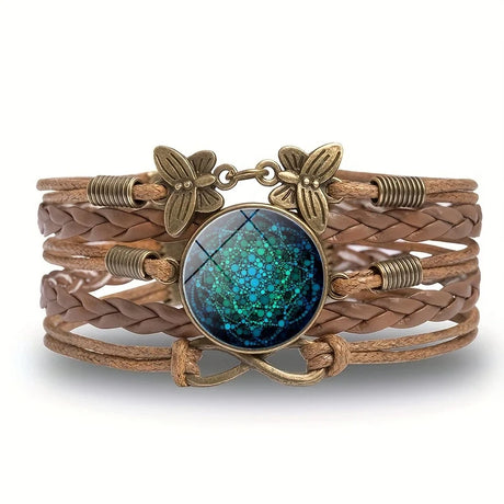 Brown braided bracelet with bronze accents and a blue gemstone on a white background