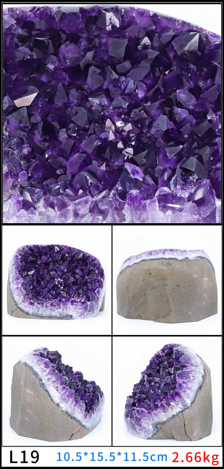 Amethyst crystal cluster with six different views on a white background