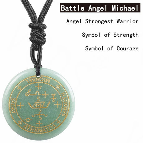 Green pendant with gold symbols on a black cord, labeled 'Battle Angel Michael'.