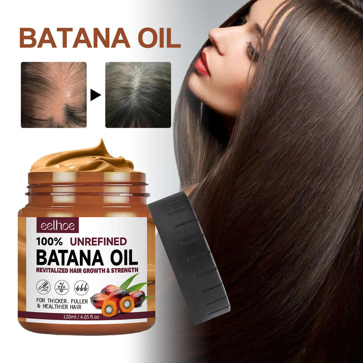 Jar of Batana Oil with a woman's hair and before-and-after comparison on a white background