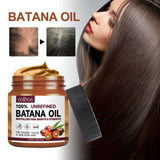 Jar of Batana Oil with a woman's hair and before-and-after comparison on a white background