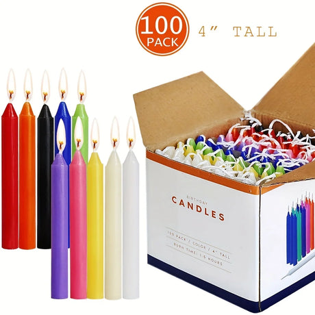 100-pack of colorful candles with an open box showing additional candles inside, on a white background.