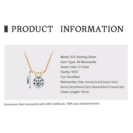 Product information card for a diamond necklace with specifications on a white background.