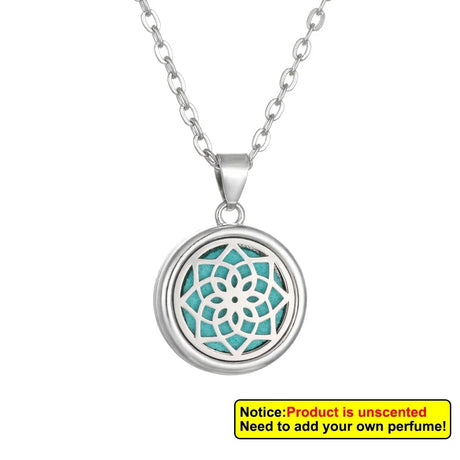 Silver necklace with a turquoise floral pendant on a white background