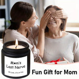 Two women with a candle labeled 'Mom's Last Nerve' and text 'Fun Gift for Mom'.