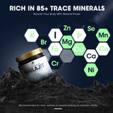 Shilajit product with minerals and text on a dark background