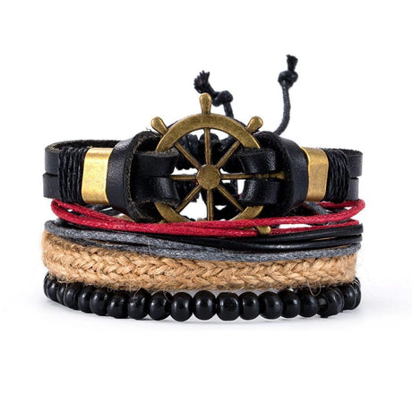 Stack of multicolored bracelets with a ship's wheel design on a white background