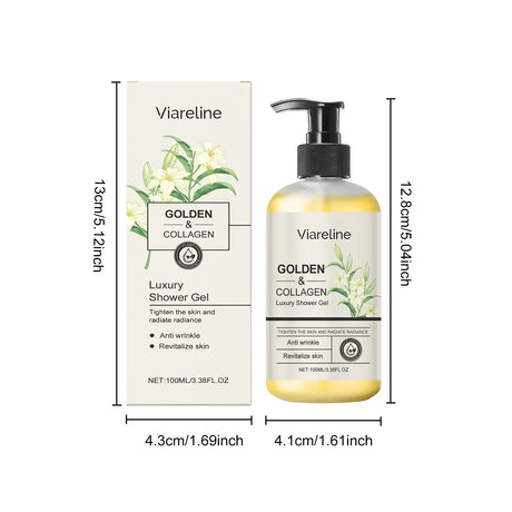 Viareline Golden & Collagen shower gel with packaging and dimensions on a white background
