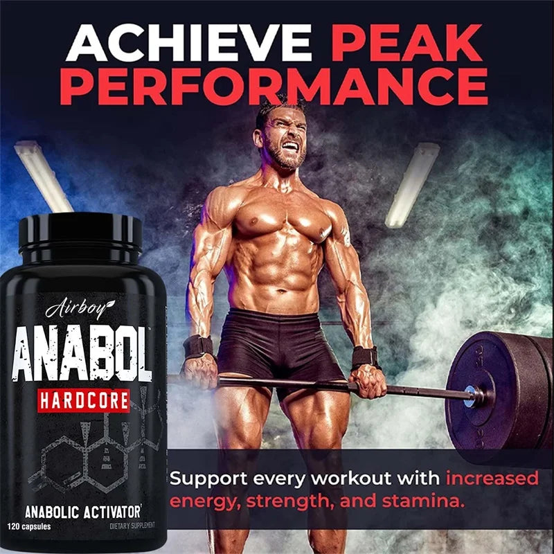 Muscular man lifting weights with anabol hardcore supplement bottle on a dark background