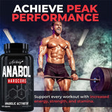 Muscular man lifting weights with anabol hardcore supplement bottle on a dark background