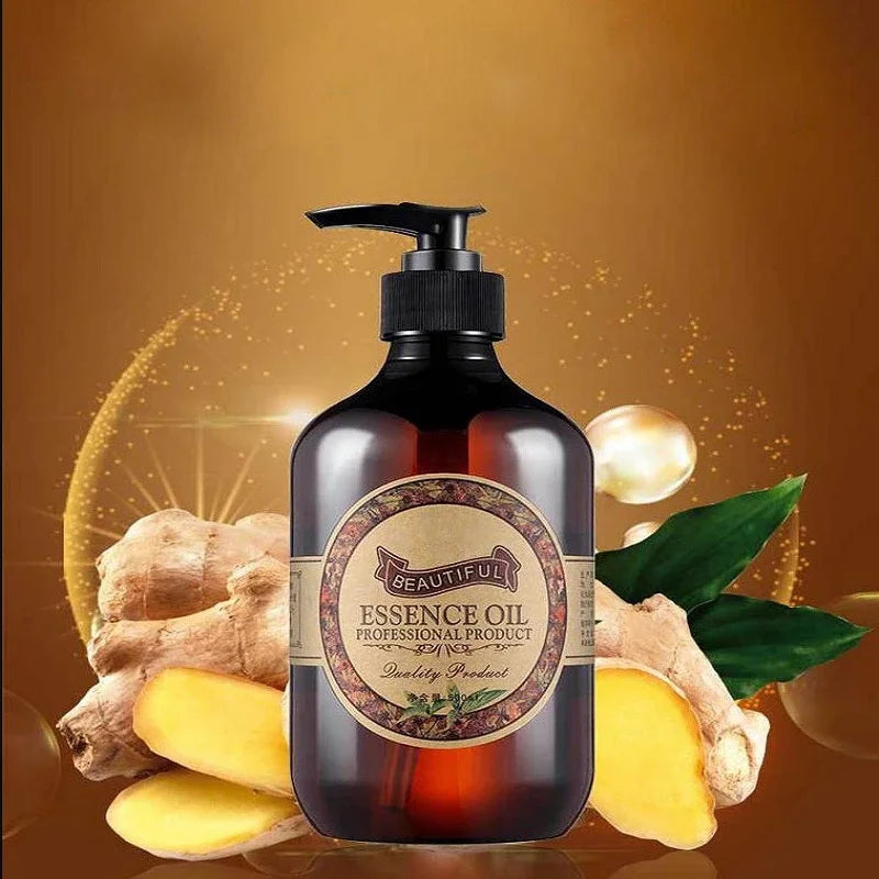 Essence oil bottle with ginger root and leaves on a warm brown background