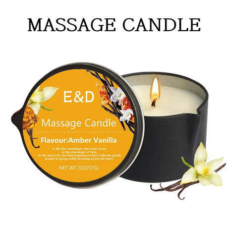 E&D Massage Candle with amber vanilla flavor on a white background