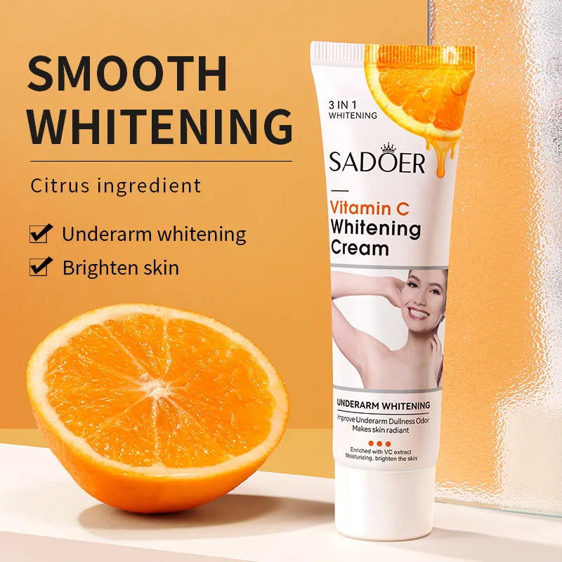 Sadoer Vitamin C Whitening Cream with an orange on a beige background