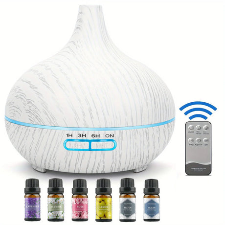 White textured diffuser with remote control and essential oil bottles on a white background