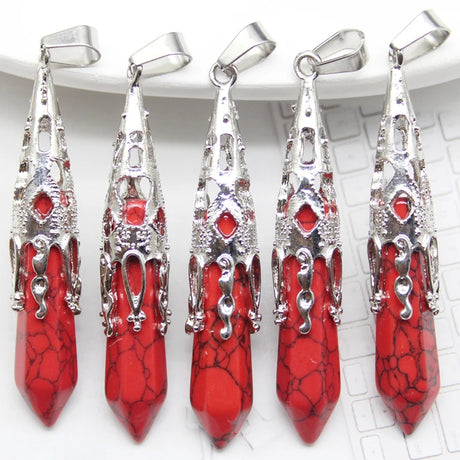 Five red and silver pendant necklaces on a white background