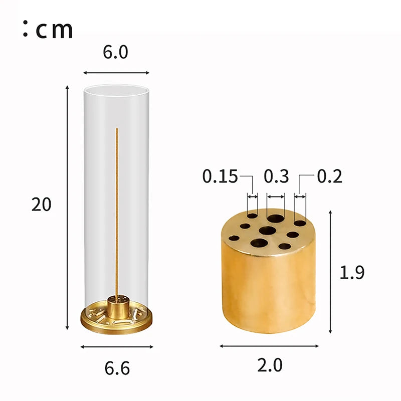 Measurement chart of a cylindrical incense burner with clear glass cover and gold base.