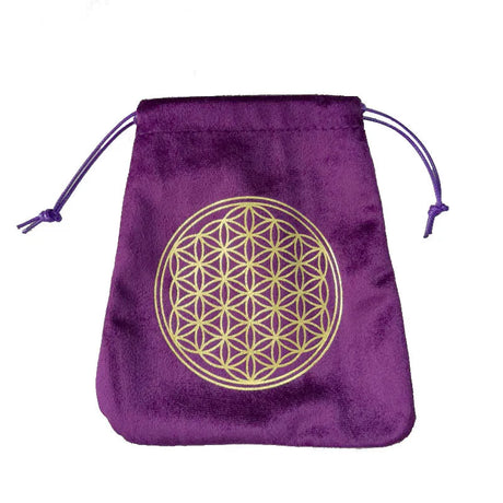 Purple drawstring bag with a gold geometric symbol on a white background
