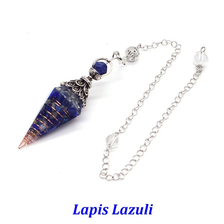 Lapis Lazuli pendulum on a silver chain with 'Lapis Lazuli' text below.