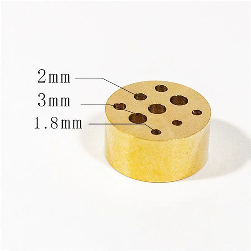 Yellow cylindrical object with holes of different sizes labeled on a white background