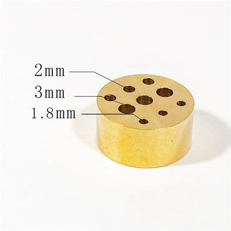 Yellow cylindrical object with holes of different sizes labeled on a white background