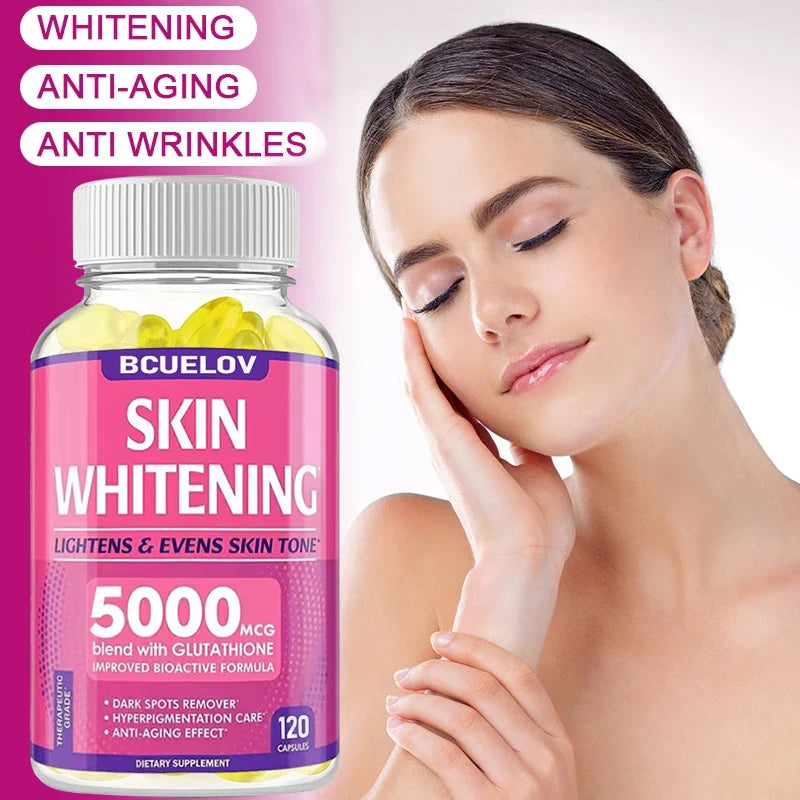 Skin whitening supplement bottle with a woman touching her face on a pink background