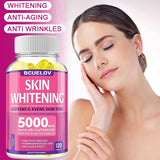 Skin whitening supplement bottle with a woman touching her face on a pink background