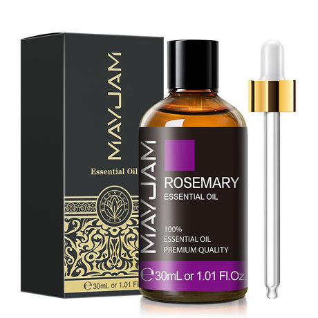 MayJam Rosemary Essential Oil bottle with dropper and packaging on a white background