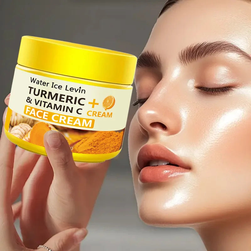 Jar of Turmeric + Vitamin C Face Cream held by a hand next to a close-up of a woman's face.