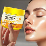 Jar of Turmeric + Vitamin C Face Cream held by a hand next to a close-up of a woman's face.